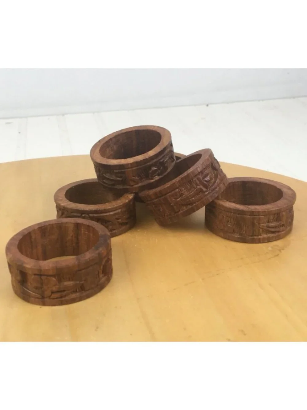 Carved Wood Round Napkin Rings Lot of 6 MCM Boho Inspired